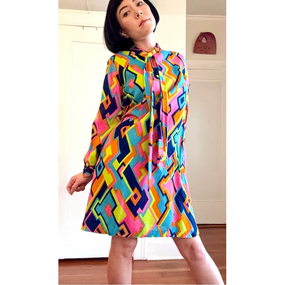 Vintage Mod Geometric Op Art Mini Dress • 1960s–70s Colorful Print